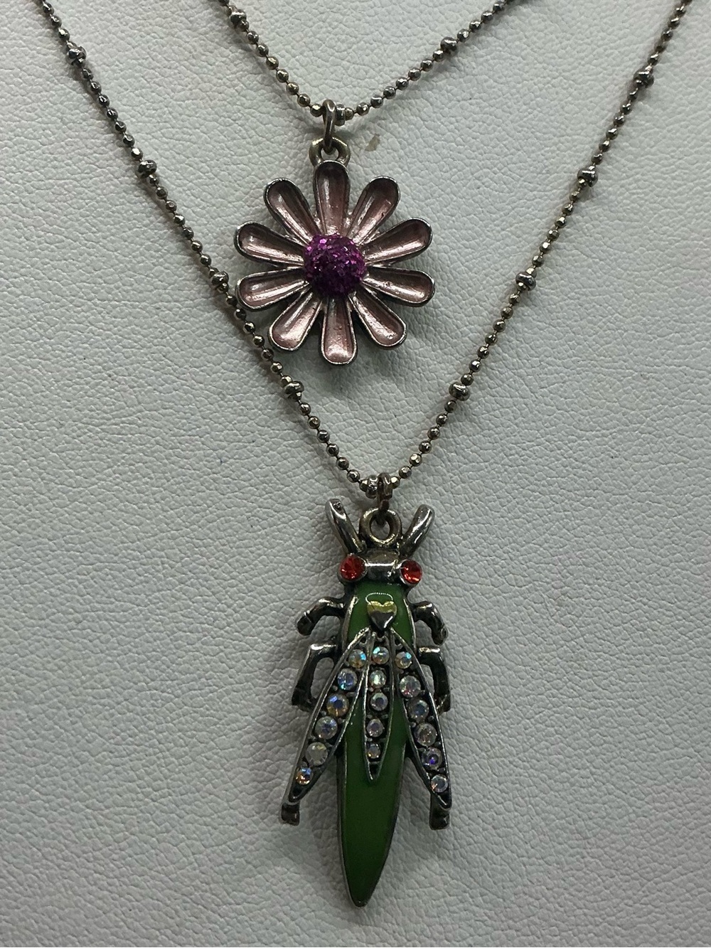 VINTAGE BETSEY JOHNSON ENAMEL DAISY AND BEETLE BUG DOUBLE STRAND NECKLACE